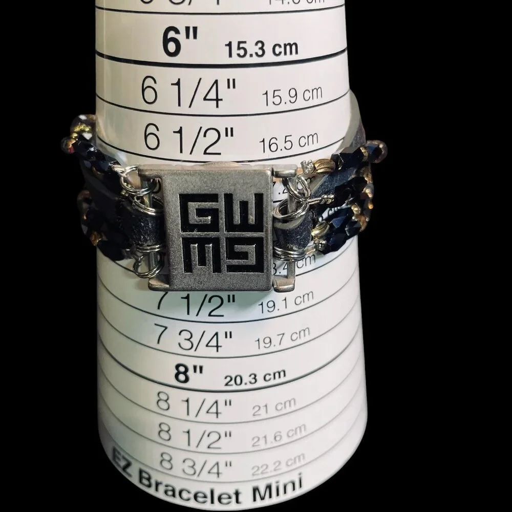 GWM Leather‎ Wrap Bracelet Black Gold Beaded Adjustable Logo Jewelry Boho Street